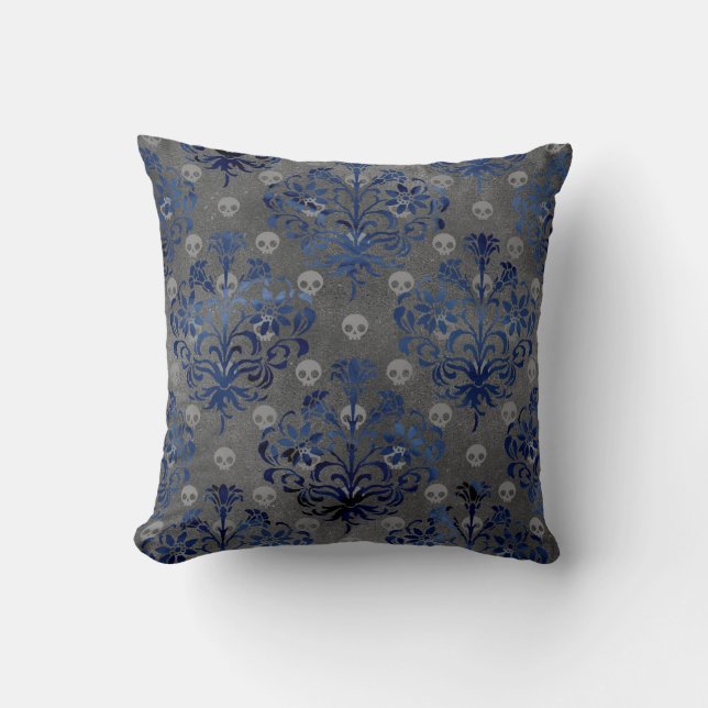 Skulls and Blue Damask on Grey Throw Pillow (Front)