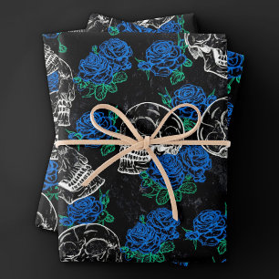Skulls and Blue Roses   Cool Funky Dark Grunge Wrapping Paper Sheet