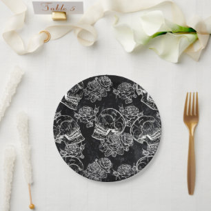 Skulls and Chalk Roses Funky Gothic Glam Grunge Paper Plate