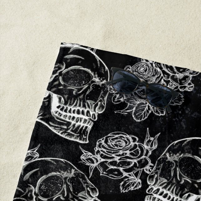Skulls and Chalk Roses | Gothic Glam Funky Grunge Beach Towel (In Situ)