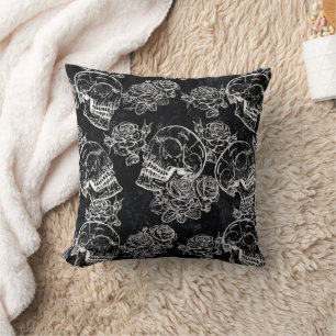Skulls and Chalk Roses   Gothic Glam Funky Grunge Throw Pillow