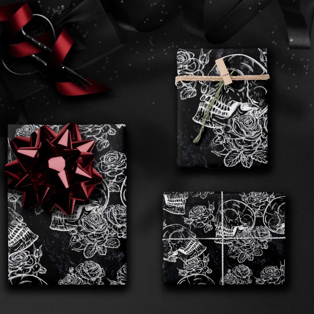 Skulls and Chalk Roses | Gothic Glam Funky Grunge Wrapping Paper Sheet