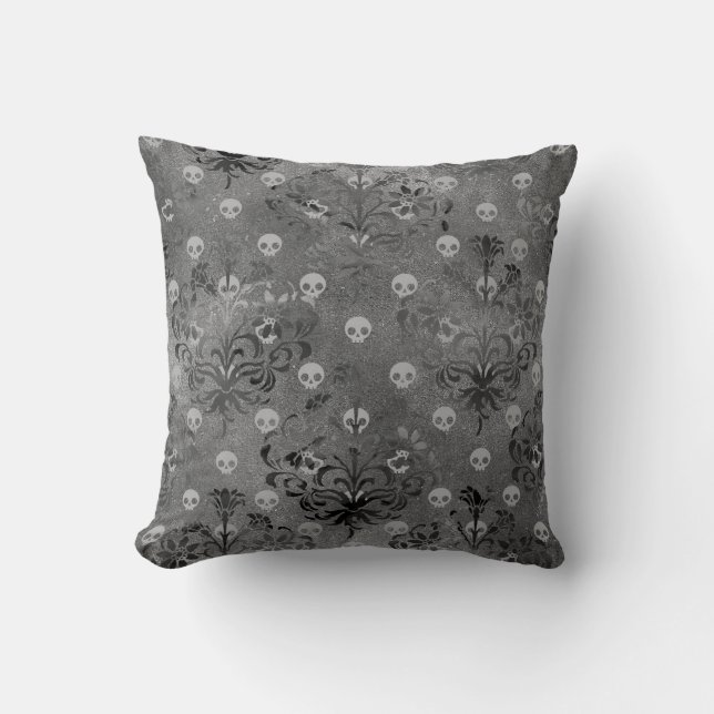 Skulls and Charcoal Damask on Grey Throw Pillow (Front)