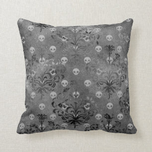 Skulls and Charcoal Damask on Grey Throw Pillow