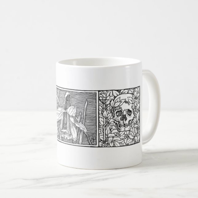 Skulls and Daffodils Macaber Art Coffee Mug (Front Right)