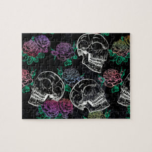 Skulls and Dark Roses   Funky Glam Ombre Grunge Jigsaw Puzzle