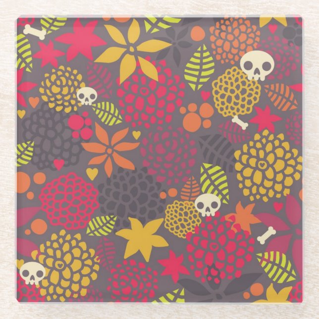 Skulls and flowers. glass coaster (Front)