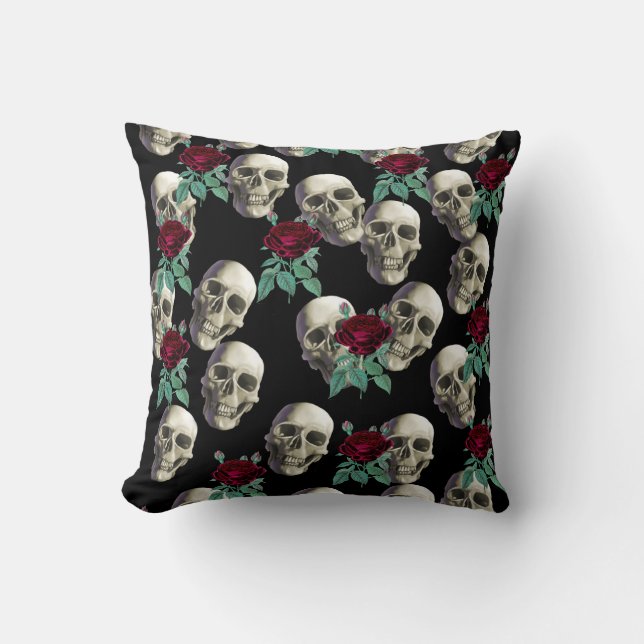 Skulls and Flowers Throw Pillow (Front)