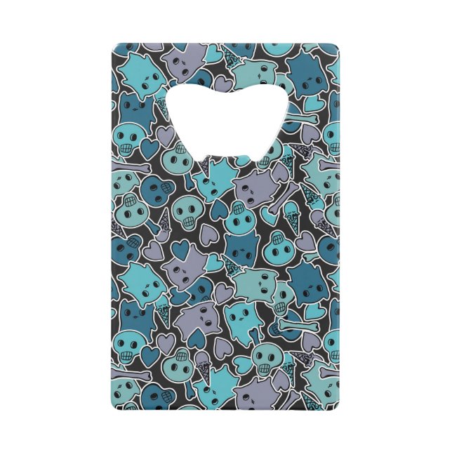 Skulls, and hearts on black background 2 credit card bottle opener (Front)