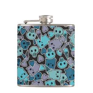 Skulls, and hearts on black background 2 hip flask
