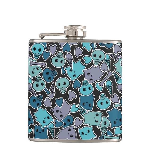 Skulls, and hearts on black background 2 hip flask (Front)