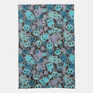 Skulls, and hearts on black background 2 kitchen towel