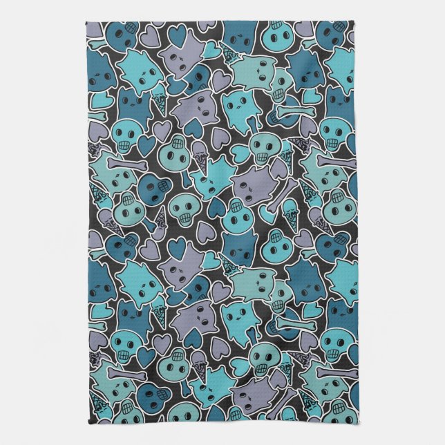 Skulls, and hearts on black background 2 kitchen towel (Vertical)