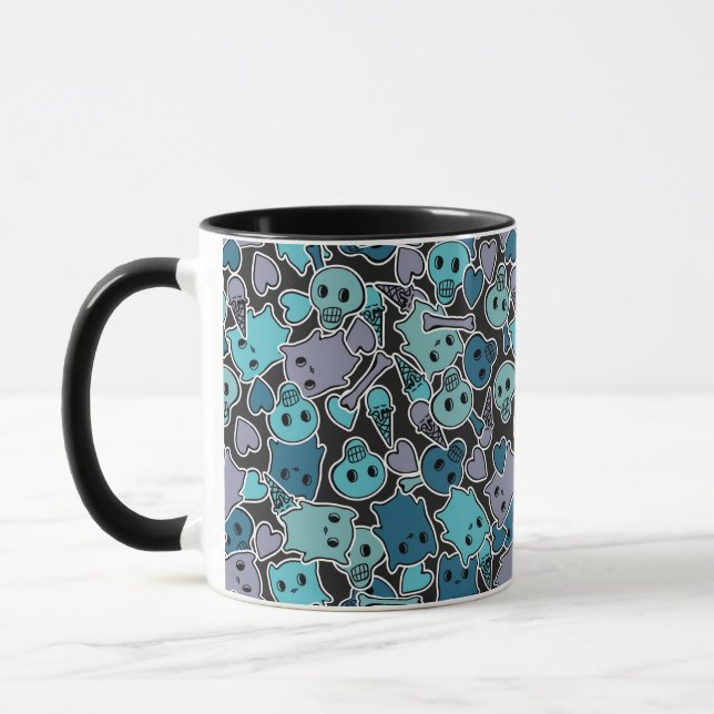 Skulls, and hearts on black background 2 mug (Left)