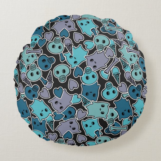 Skulls, and hearts on black background 2 round pillow (Front)