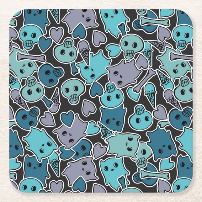 Skulls, and hearts on black background 2 square paper coaster (Front)