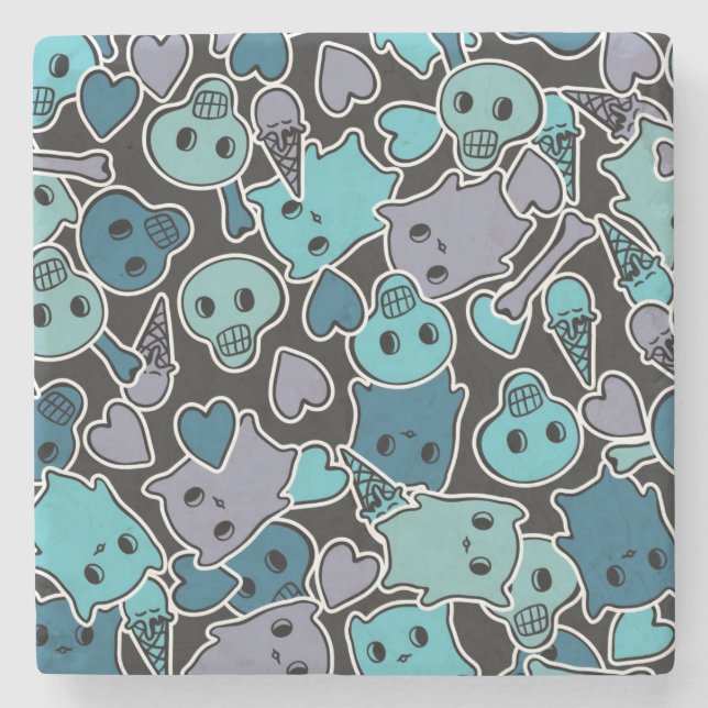 Skulls, and hearts on black background 2 stone coaster (Front)