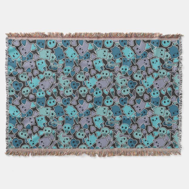 Skulls, and hearts on black background 2 throw blanket (Front)