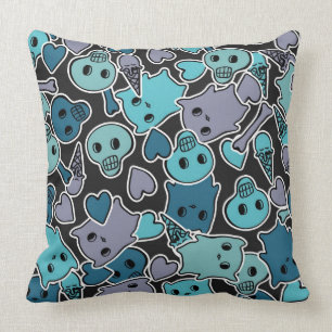 Skulls, and hearts on black background 2 throw pillow