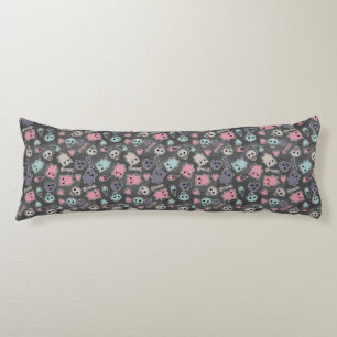 Skulls, and hearts on black background body pillow