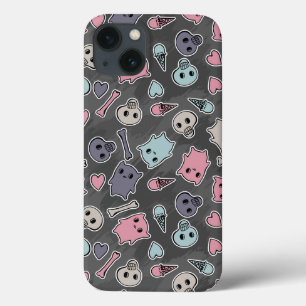 Skulls, and hearts on black background iPhone 13 case