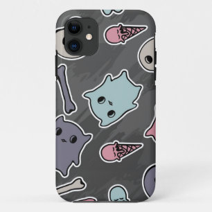 Skulls, and hearts on black background iPhone 11 case
