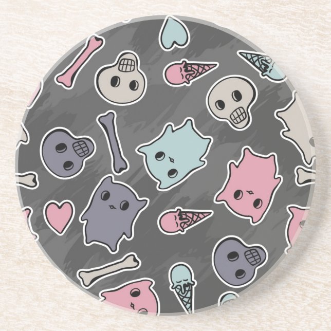 Skulls, and hearts on black background coaster (Front)