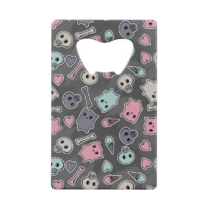 Skulls, and hearts on black background credit card bottle opener