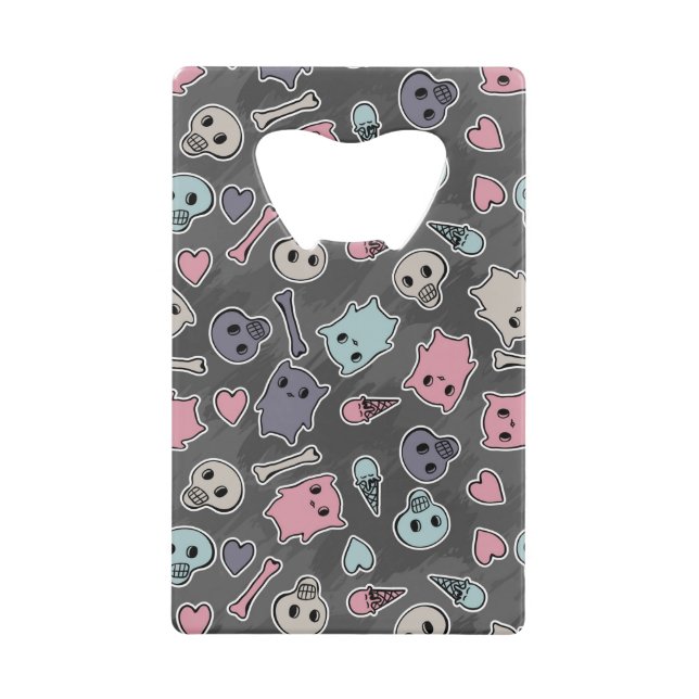 Skulls, and hearts on black background credit card bottle opener (Front)