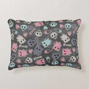 Skulls, and hearts on black background decorative pillow