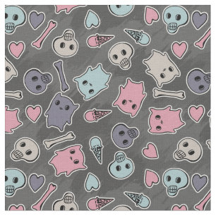 Skulls, and hearts on black background fabric