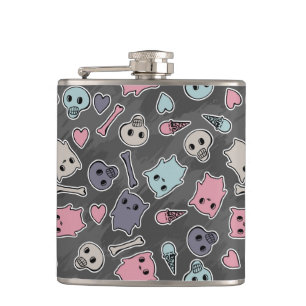 Skulls, and hearts on black background hip flask