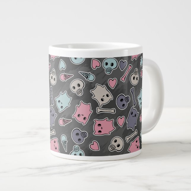 Skulls, and hearts on black background large coffee mug (Front Right)