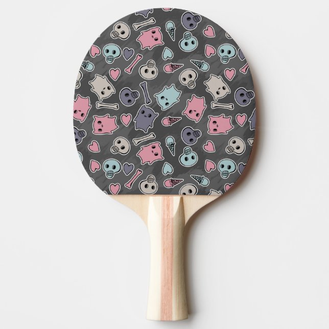 Skulls, and hearts on black background ping pong paddle (Front)