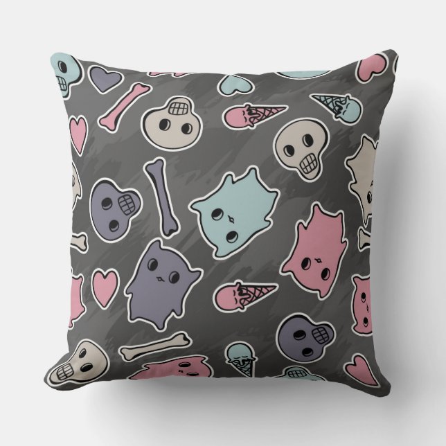 Skulls, and hearts on black background throw pillow (Front)