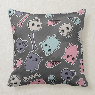 Skulls, and hearts on black background throw pillow