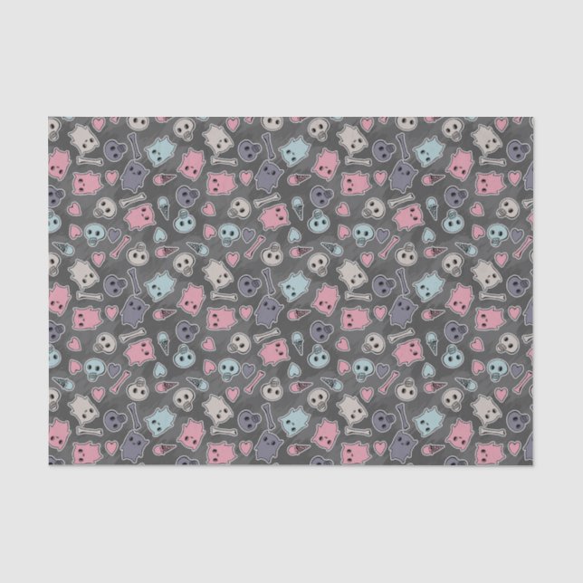 Skulls, and hearts on black background tissue paper (Front)