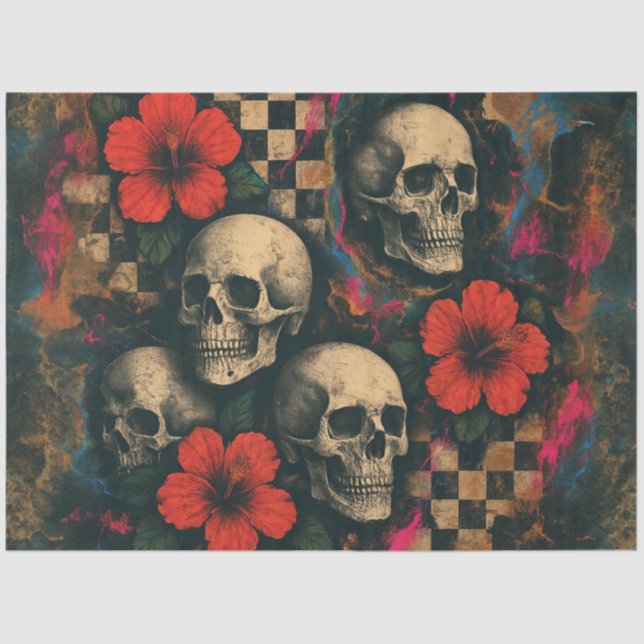 Skulls and Hibiscus Collage Decoupage Paper (Front)