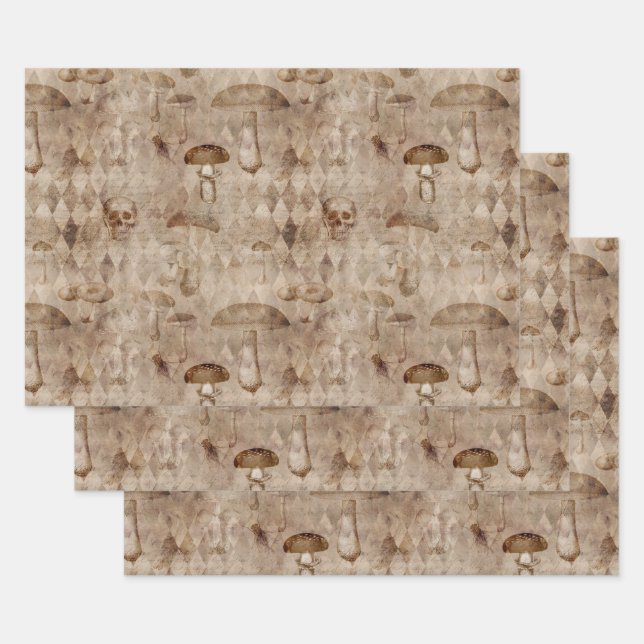 Skulls and Mushrooms on Brown Wrapping Paper Sheet (Set)