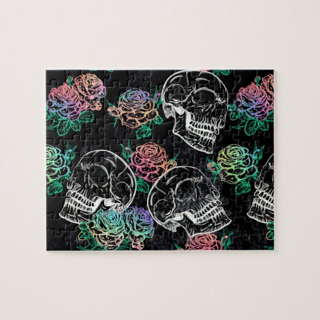 Skulls and Ombre Roses | Gothic Glam Pastel Grunge Jigsaw Puzzle (Horizontal)