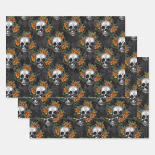 Skulls and Orange Flowers on Charcol Wrapping Paper Sheet