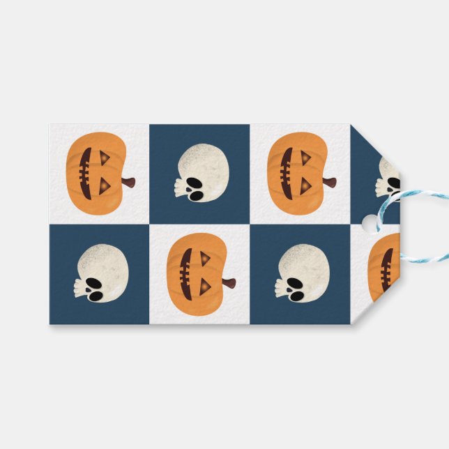 Skulls and Pumpkins Checks Gift Tags (Front (Horizontal))