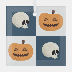 Skulls and Pumpkins Checks Glass Ornament