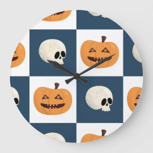 Skulls and Pumpkins Checks Large Clock