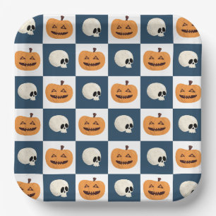 Skulls and Pumpkins Checks Paper Plate