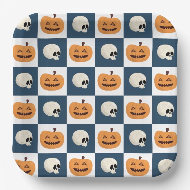 Skulls and Pumpkins Checks Paper Plate (Front)
