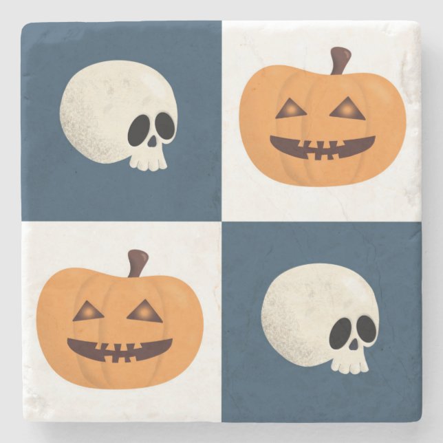 Skulls and Pumpkins Checks Stone Coaster (Front)