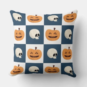 Skulls and Pumpkins Checks Throw Pillow