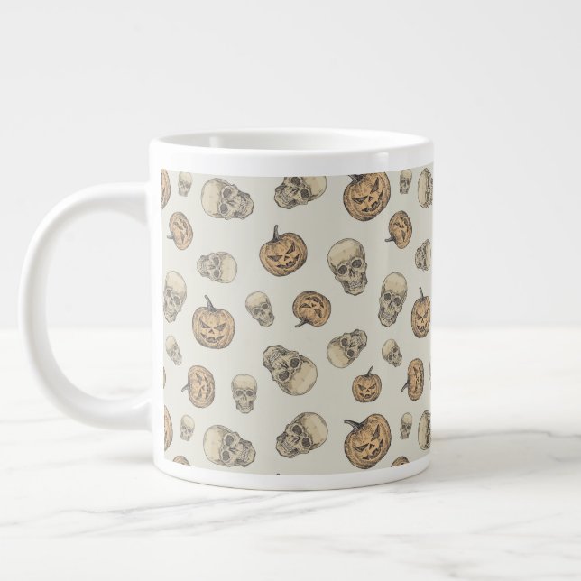Skulls and Pumpkins Halloween Pattern Large Coffee Mug (Left)