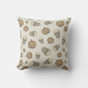 Skulls and Pumpkins Halloween Pattern Throw Pillow